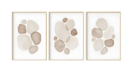 Three framed abstract art pieces with organic shapes in neutral tones isolated on a transparent background