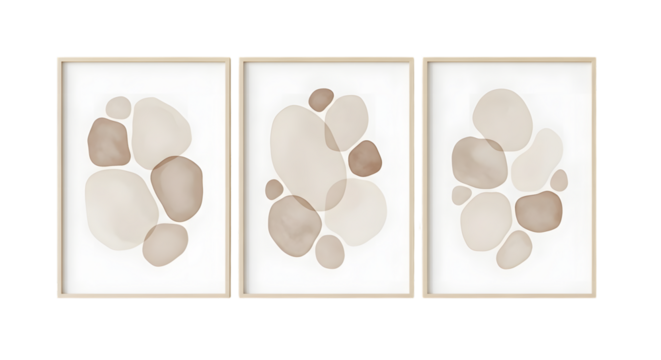 Three framed abstract art pieces with organic shapes in neutral tones isolated on a transparent background - Powered by Adobe