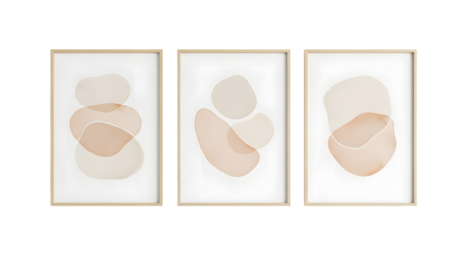 Three framed abstract art prints with organic shapes in beige and peach tones isolated on a transparent background - Powered by Adobe