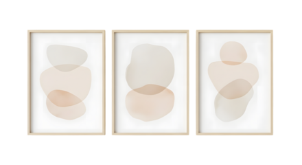 Three framed abstract art pieces with soft pastel organic shapes isolated on a transparent background