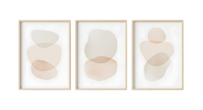 Three framed abstract art pieces with soft pastel organic shapes isolated on a transparent background