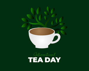 International Tea Day. Template for background with banner, poster and card. Vector illustration. Tea cup and green Background.