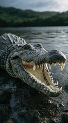 Fototapeta premium Close up of a crocodile with open jaws near water edge