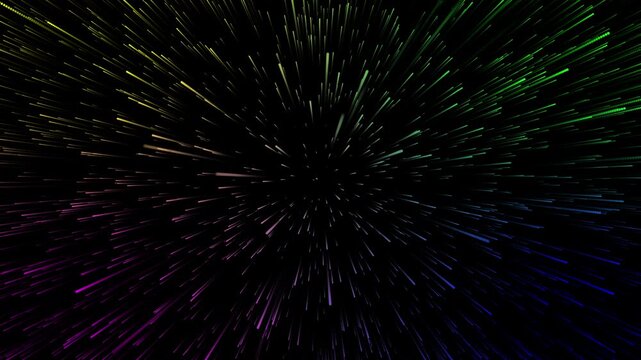 3D Warp Speed Animation of Yellow, Green, blue, Violet lights through space