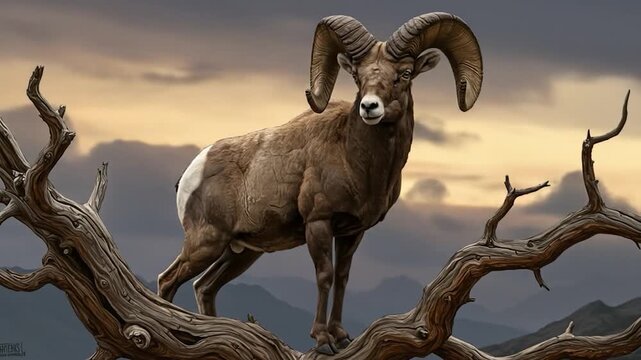 Majestic ram with large, curved horns stands on a gnarled tree branch against a moody sky