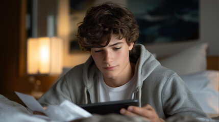 A teenager practicing language skills on a tablet while reading handwritten vocabulary cards spread across the bed — modern digital education mixed with traditional learning habits. cinematic color