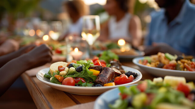 A multicultural group of friends sharing homemade dishes around a large table, each plate representing a different heritage, capturing global unity, food culture exchange, and inclusive - Powered by Adobe