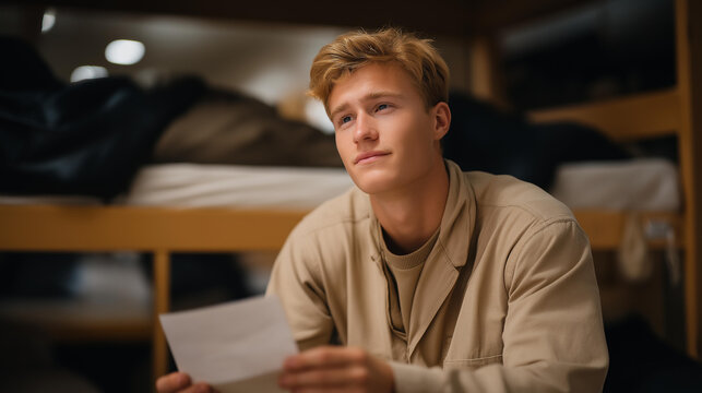 A recruit sitting on their bunk at night writing a letter home under dim barracks lighting, thoughtful expression showing homesickness mixed with pride — emotional military life, personal