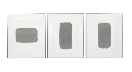 Three framed abstract grey brush strokes on white paper isolated on a transparent background gray