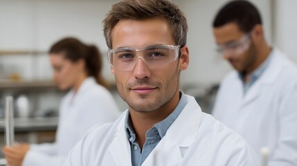 Fototapeta premium A male researcher in safety goggles and a white lab coat looks forward in a brightly lit laboratory with colleagues in the background