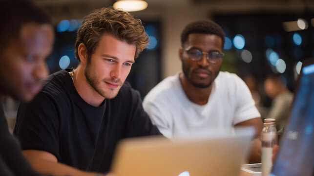 Early-stage app developers huddled around a laptop at midnight, debugging code while energy drinks and notebooks cover the table — intense problem-solving, software creation, and startup - Powered by Adobe