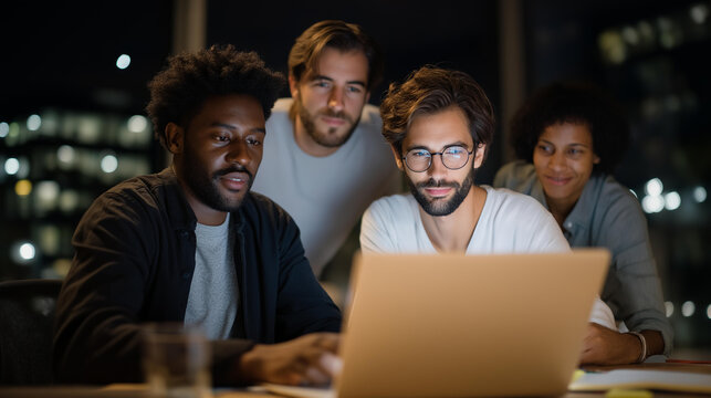 Early-stage app developers huddled around a laptop at midnight, debugging code while energy drinks and notebooks cover the table — intense problem-solving, software creation, and startup