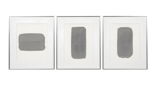 Three framed abstract grey brush strokes on white paper isolated on a transparent background gray