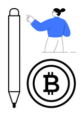 Person gesturing forward, vertical pen highlights creativity, Bitcoin sign represents digital economy. Ideal for finance, technology, education, planning, innovation, economy creativity themes