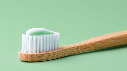 bamboo toothbrush with toothpaste on bristles for eco-friendly dental care advertising, oral hygiene promotions, sustainable lifestyle blogs, zero-waste product packaging and healthcare banners