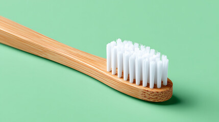 bamboo toothbrush with toothpaste on bristles for eco-friendly dental care advertising, oral hygiene promotions, sustainable lifestyle blogs, zero-waste product packaging and healthcare banners