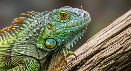 Fototapeta premium Close up of a green iguana perched on a branch looking towards the right side