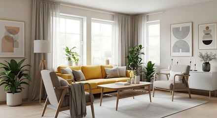 Bright, modern living room featuring a cheerful yellow sofa and neutral armchairs.