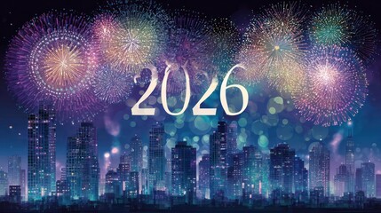 Vibrant fireworks illuminate the night sky above a modern city skyline celebrating the arrival of the year 2026