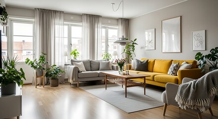 Contemporary living room featuring a yellow sofa with plants adding natural elements.