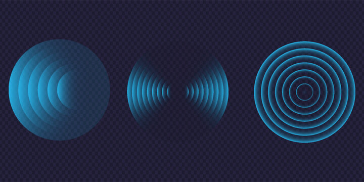 Sound wave. Signal concentric circle. Round light effect. Wifi range. Radio station signal. Water ripple with circle waves. A place or a painful point. Radar screen. Vector effect.