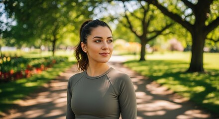 A young woman in sportswear standing in a park on a sunny day looking off to the side thoughtfully
