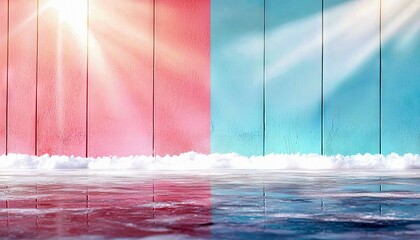 A split background features pink wooden planks on the left and blue wooden planks on the right, with snow along the bottom and light rays shining down.