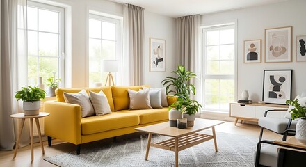 Bright modern living room with sunny yellow sofa, neutral d&eacute;cor, and abundant light.