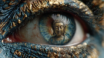 Obraz premium Close-up surreal image of a painted human eye reflecting a Buddha statue, symbolizing mindfulness, spirituality, inner peace, and enlightenment. 