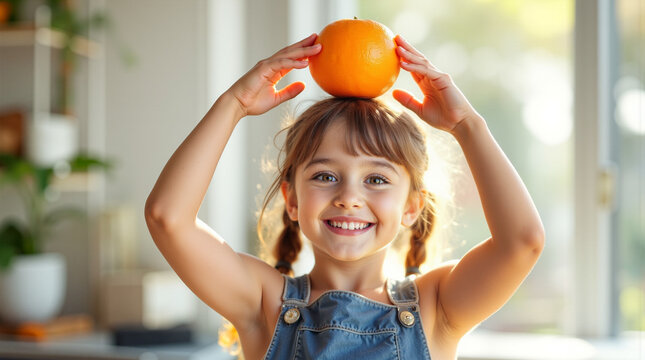 Girl balancing orange on head, cheerful childhood moment