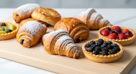 Assorted pastries and fruit tarts on wooden board