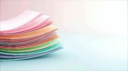 A fanned stack of colorful paper sheets in pastel shades of pink, orange, green, and blue rests on a light blue surface, against a soft pink and white backgroun