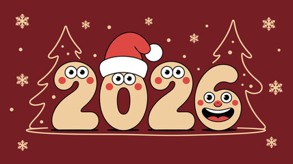 Cheerful 2026 new year illustration with cartoon numbers, christmas tree and snowflakes on a red background for holiday season