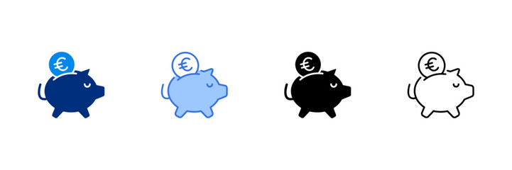 Piggy Bank Icon Set With Euro Currencies