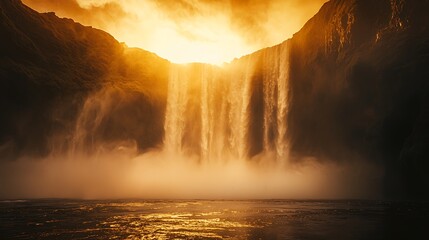 Beautiful waterfall surrounded by warm sunset colors high resolution picture