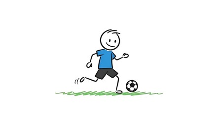 Stick Figure Boy Playing Soccer with Ball on Grass.