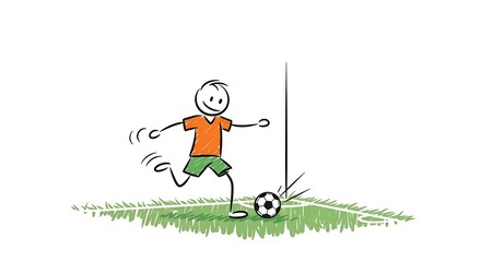 Stick Figure Kicking Soccer Ball in Corner Illustration.