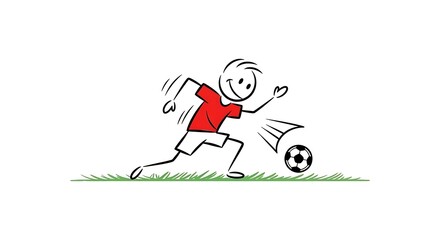Stick Figure Soccer Player Dribbling Ball on Grass Field.