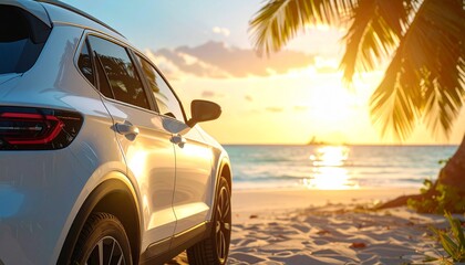 Scenic vacation road trip with an automobile parked on a sandy tropical beach against a beautiful golden sunset