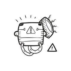 Cartoon robot with a warning sign and a detached wheel isolated on white background