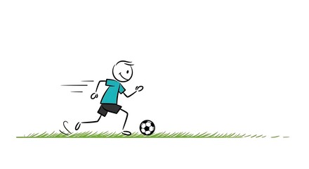 Stick Figure Soccer Player Dribbling Ball on Grass Field.