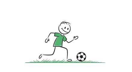 Stick Figure Soccer Player Dribbling Ball with Joyful Expression.