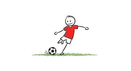 Stick figure soccer player kicking a ball on grass.