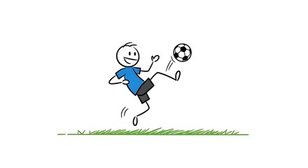 Stick figure soccer player kicking a ball on grass.
