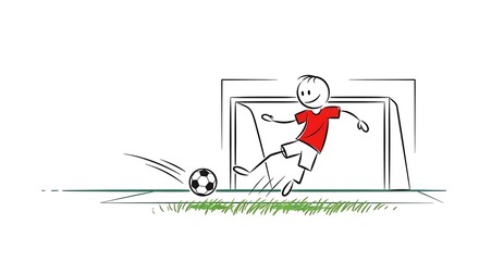 Stick Figure Soccer Player Kicking Ball into Goal Illustration.