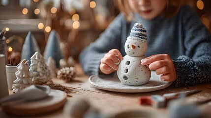 Child is making a snowman out of play dough. The snowman is wearing a blue hat and a blue sweater. The child is sitting at a table with a plate of play dough and a pair of scissors
