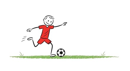 Stick Figure Soccer Player Kicking Ball on Green Field.