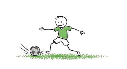 Stick Figure Soccer Player Kicking Ball on Green Field.