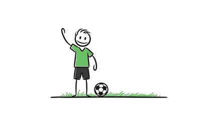 Stick Figure Soccer Player Waving Next to Soccer Ball.