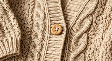 Close up of beige cable knit cardigan sweater with wooden button fashion apparel and winter clothing design